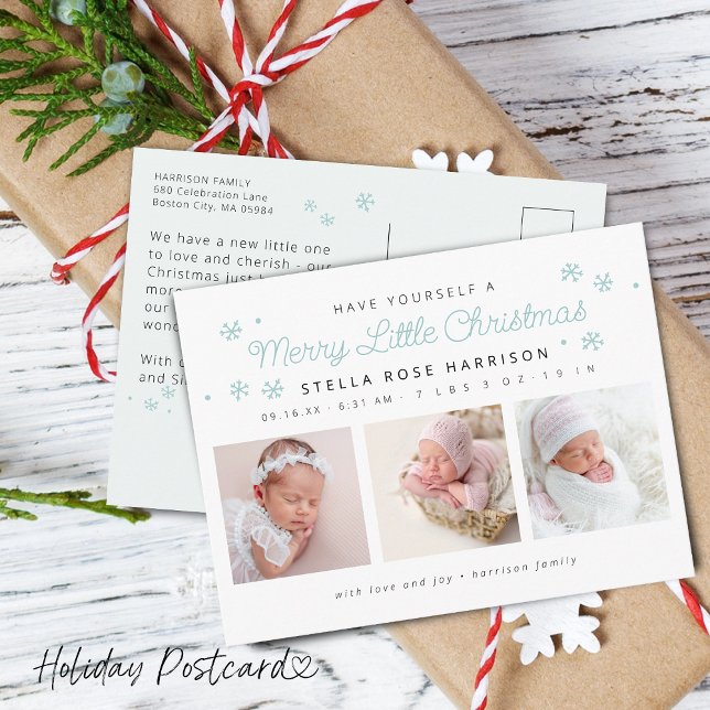 Festive Merry Little Christmas Birth Photos Holiday Postcard (Festive Merry Little Christmas Birth Photos Blue Holiday Postcard)