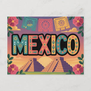 Festive Mexico Illustration with Pyramids Postcard