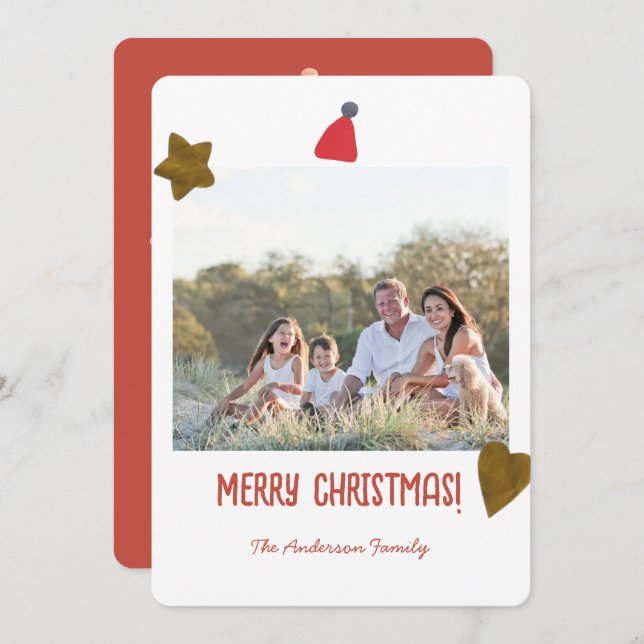 Festive Minimal Gold Heart Star Christmas Photo Holiday Card (Front/Back)