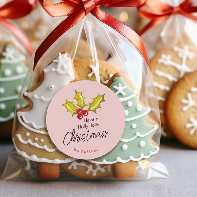 Festive Minimal Holly Berry Christmas Party Favour Classic Round Sticker (Creator Uploaded)