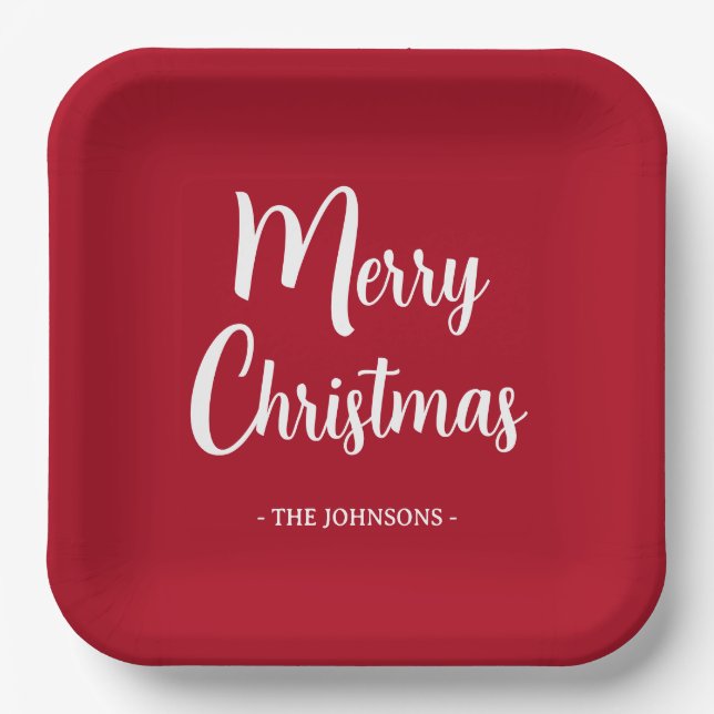 Festive Minimalist Merry Christmas Script Paper Plate (Front)
