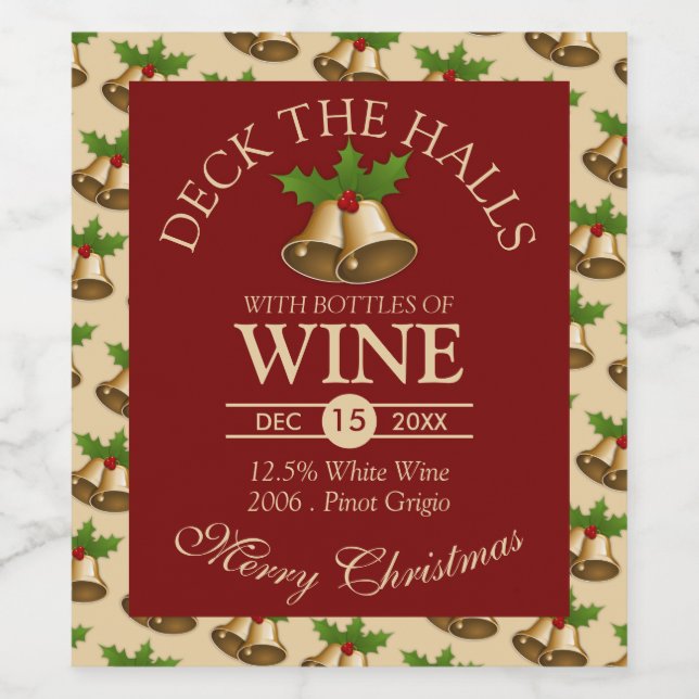 Festive Mistletoe Bells Christmas Wine Label (Single Label)