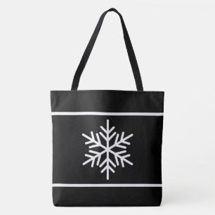 Festive Modern Black White Stripes Snowflakes Tote Bag