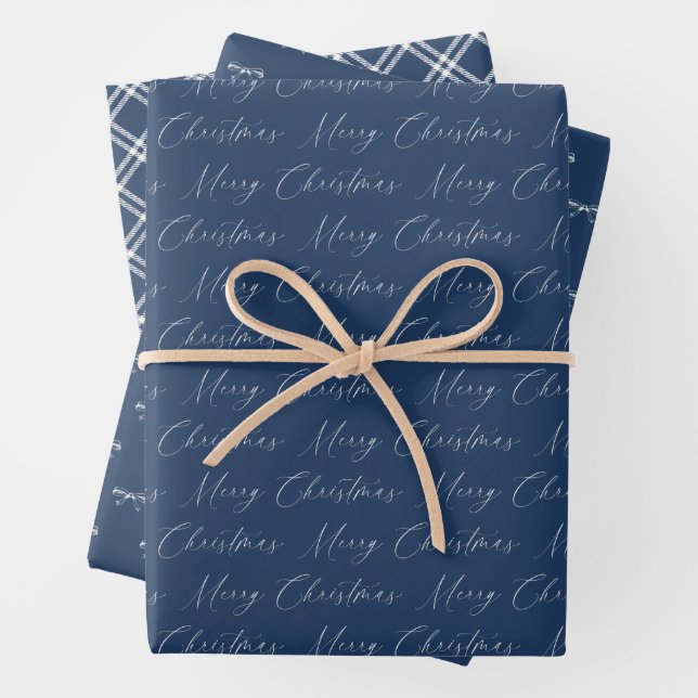 Festive Modern Blue and Beige Christmas Wrapping Paper Sheet (In situ)