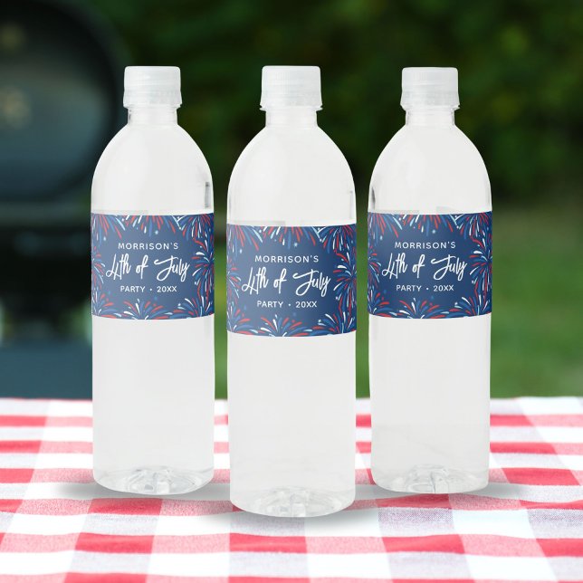 Festive Modern Fireworks Custom 4th of July Party Water Bottle Label (Creator Uploaded)