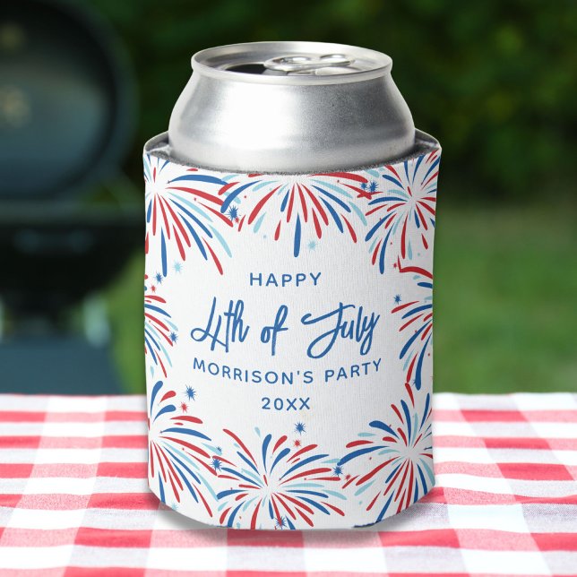 Festive Modern Fireworks, Custom Text 4th of July Can Cooler (Creator Uploaded)