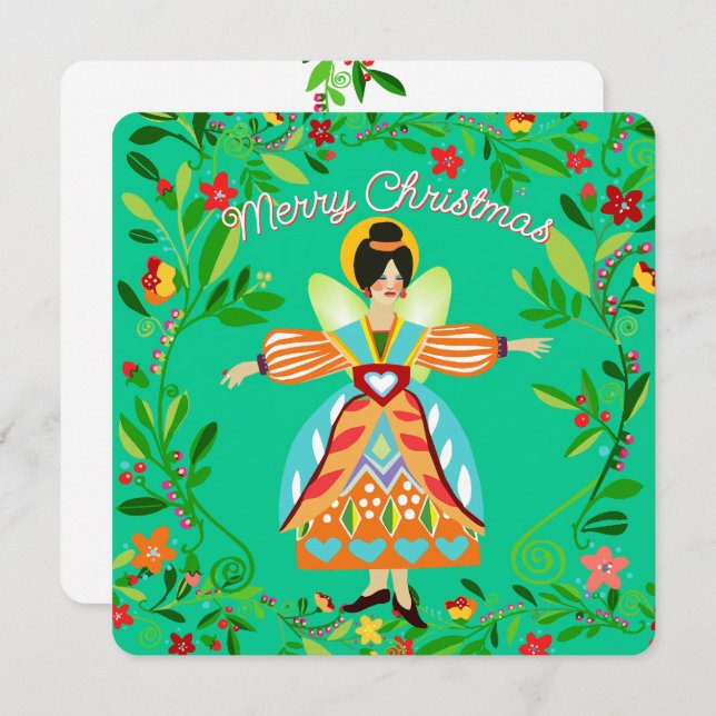 Festive Modern Folk Angel Tangerine Flat Holiday Card (Front/Back)