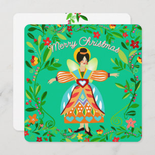 Festive Modern Folk Angel Tangerine Flat Holiday Card