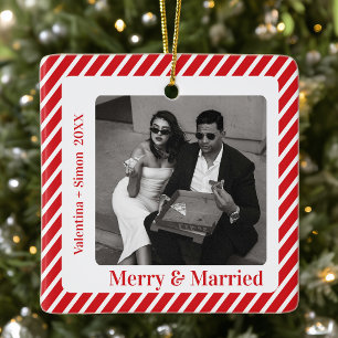 Festive Modern Merry and Married Photo Ceramic Ornament