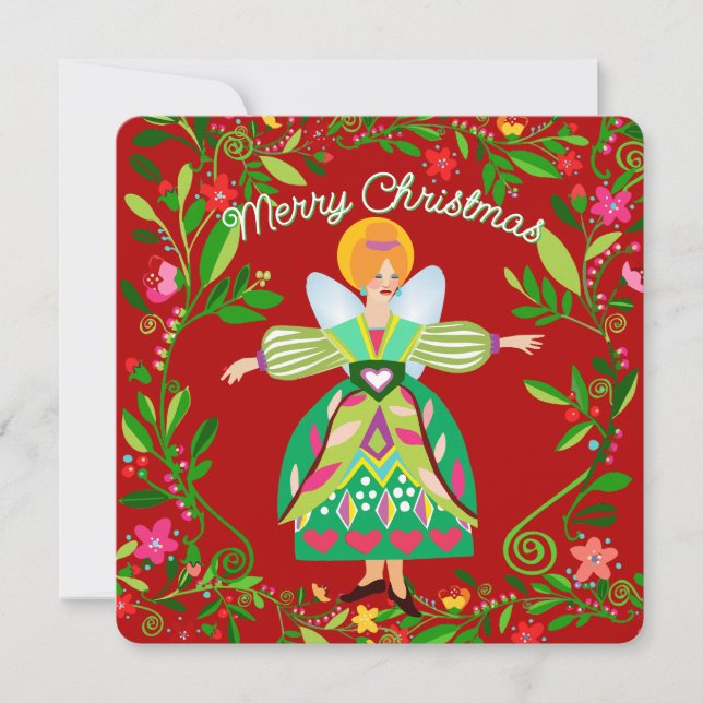 Festive Modern Red-Haired Folk Angel Flat  Holiday Card (Front)