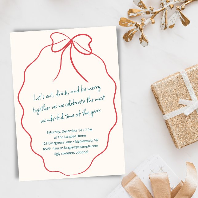Festive Modern Red Ribbon Christmas Holiday Party Invitation (Creator Uploaded)