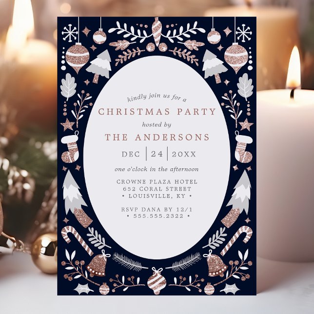 Festive Modern Rose Gold and Navy Christmas Party Invitation (Creator Uploaded)