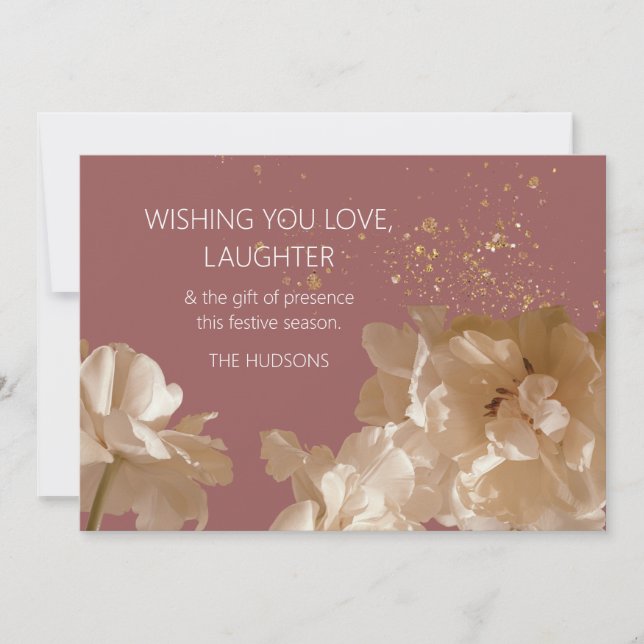 Festive Modern | Rose & Gold Dust Floral Christmas Holiday Card (Front)