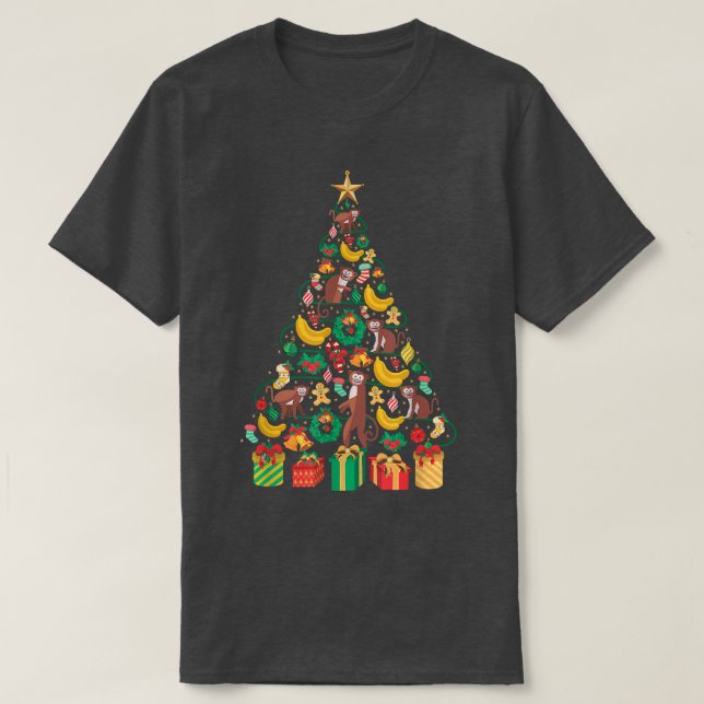 Festive Monkey Banana Xmas Tree Design  T-Shirt (Design Front)