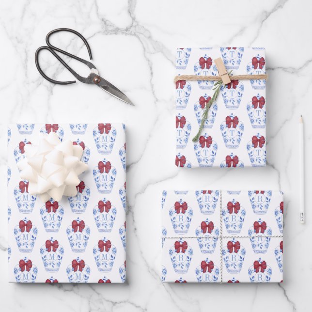 Festive Monogram Ginger Jar With Red Bow Christmas Wrapping Paper Sheet (Front)
