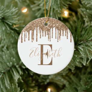 Festive Monogram Gold Glitter Drip Ceramic Ornament