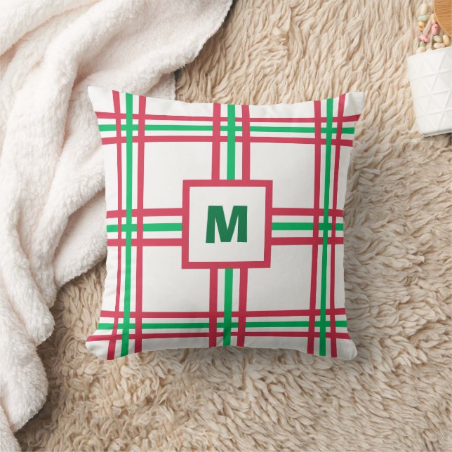 Festive Monogram Modern Red Green Plaid Holiday Cushion (Blanket)