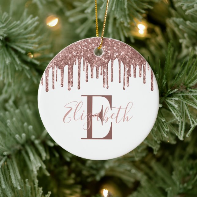 Festive Monogram Rose Gold Glitter Drip Ceramic Ornament (Tree)