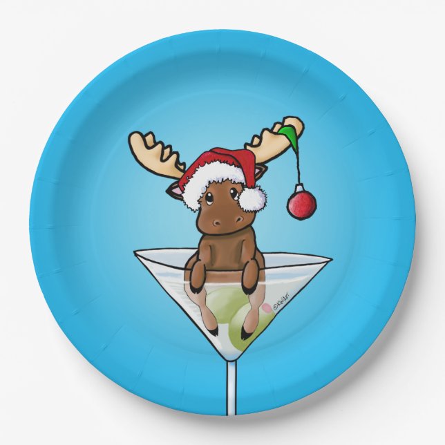 Festive Moose Christmas Paper Plates (Front)