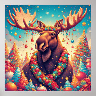 Festive Moose Decorated With Christmas Ornaments Poster