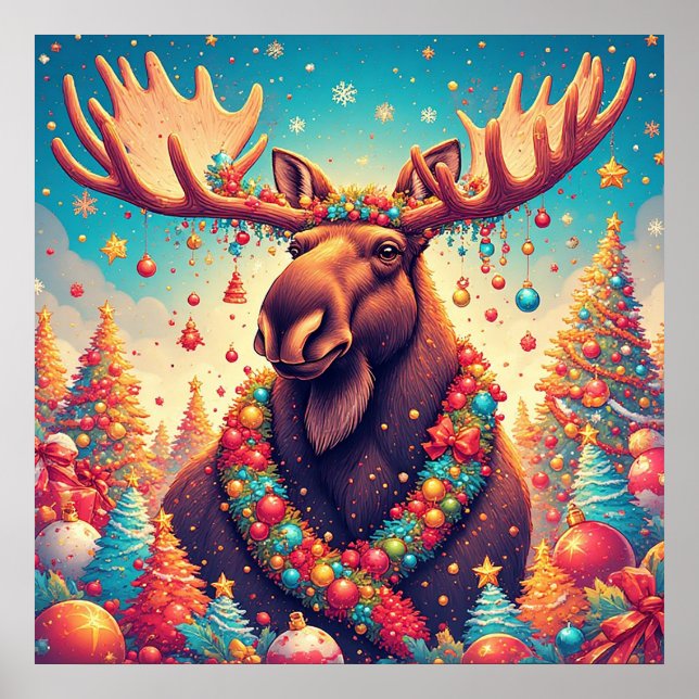 Festive Moose Decorated With Christmas Ornaments Poster (Front)