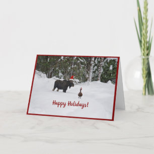 Festive moose in snow with duck holiday card