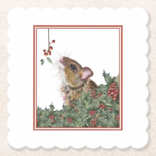 Festive mouse and holly coaster (Front)