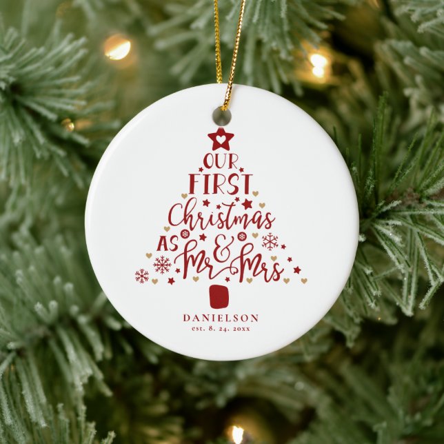Festive Mr. and Mrs. Newly Weds Christmas Tree  Ceramic Ornament (Tree)