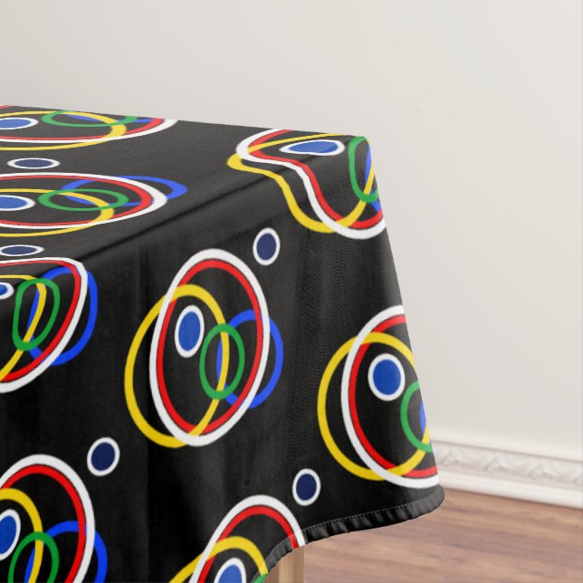 Festive Multicolored Circles on Black Tablecloth (In Situ)