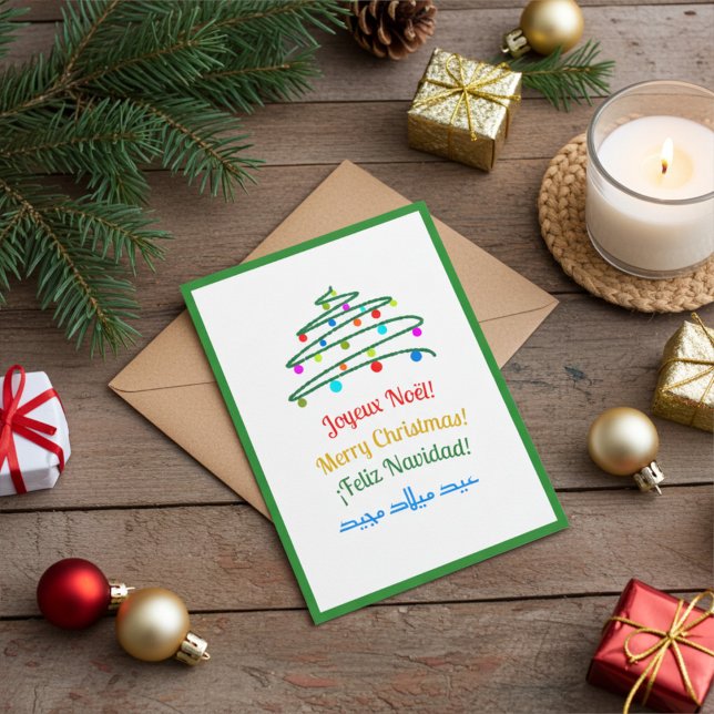 Festive Multilingual Merry Christmas and Tree Holiday Card (Creator Uploaded)