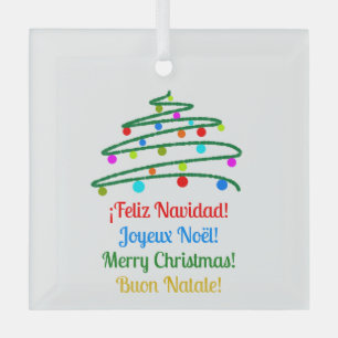 Festive Multilingual Merry Christmas and Xmas Tree Glass Tree Decoration