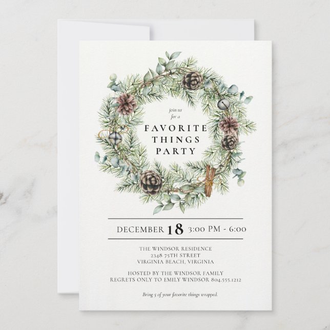 Festive Natural Wreath Holiday Favourite Things  Invitation (Front)
