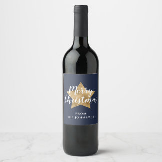 Festive Navy Blue Gold Star Christmas Wine Label