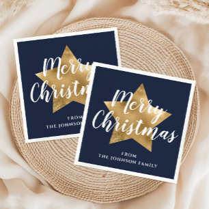 Festive Navy Blue Gold Star Merry Christmas  Napkin