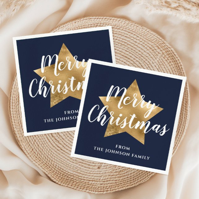 Festive Navy Blue Gold Star Merry Christmas  Napkin (Festive Navy Blue Gold Star Merry Christmas Napkins)