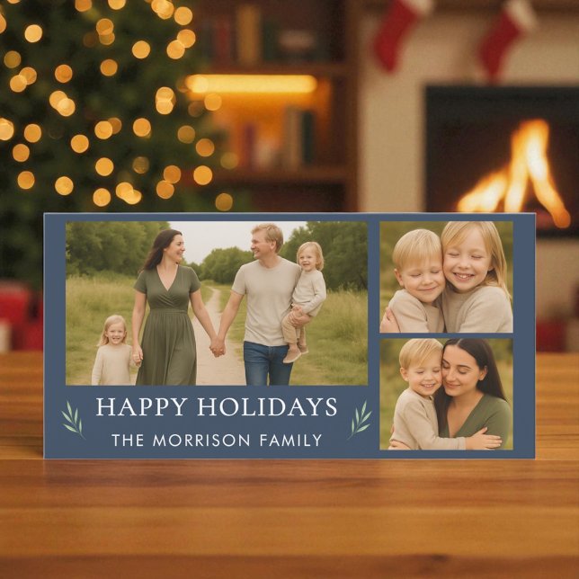 Festive Navy Blue Merry Christmas Photo Botanical  Holiday Card (Creator Uploaded)