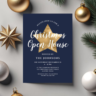 Festive Navy Blue Star Christmas Open House Invitation