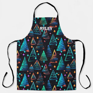 Festive Neon Christmas Trees Pattern Monogram Apron