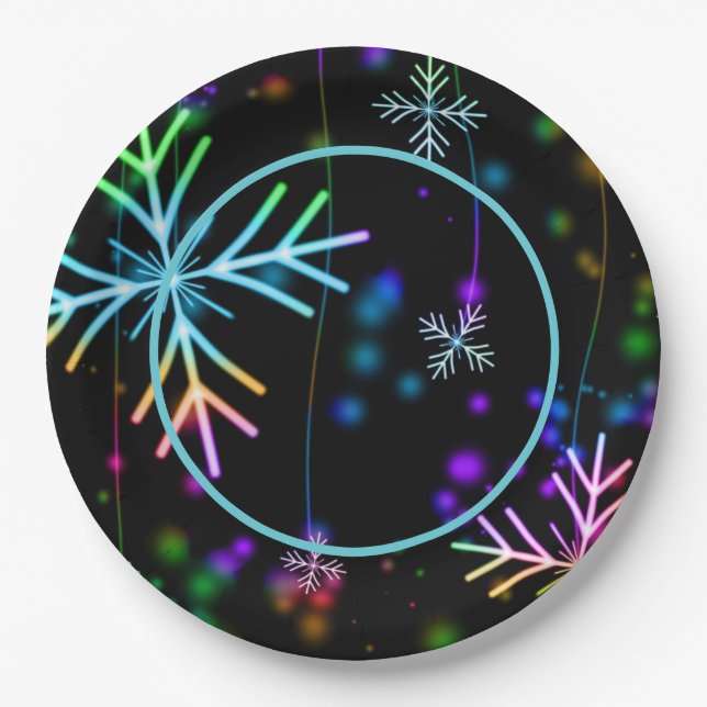 Festive Neon Snowflakes Paper Plate (Front)