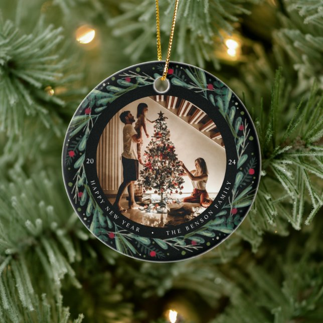 Festive New Year Wreath Leaves Berries Pic Ceramic Ornament (Tree)