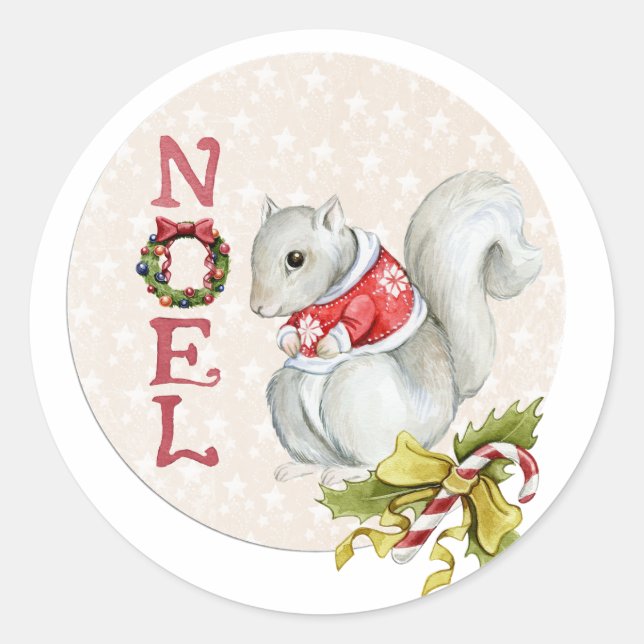 Festive Noel Squirrel Classic Round Sticker (Front)