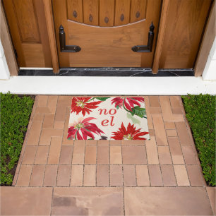Festive Noel Watercolor Poinsettia Floral  Doormat