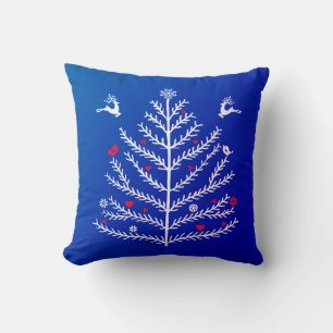 Festive Nordic Christmas Tree Deer Blue Cushion