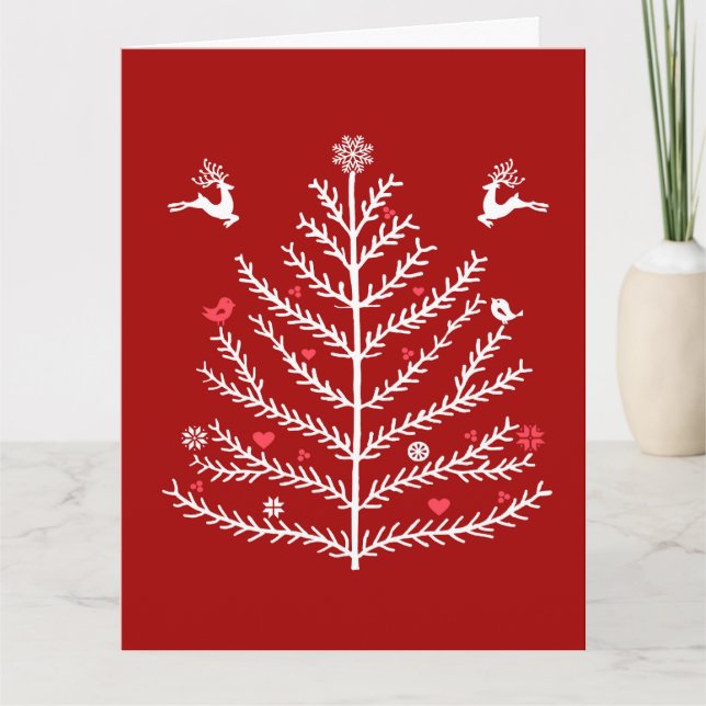 Festive Nordic Christmas Tree Deer Dark Red Card (Front)