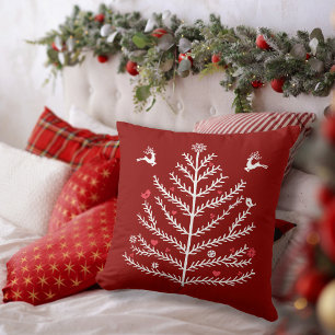 Festive Nordic Christmas Tree Deer Dark Red Cushion