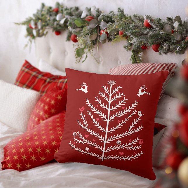 Festive Nordic Christmas Tree Deer Dark Red Cushion (Creator Uploaded)