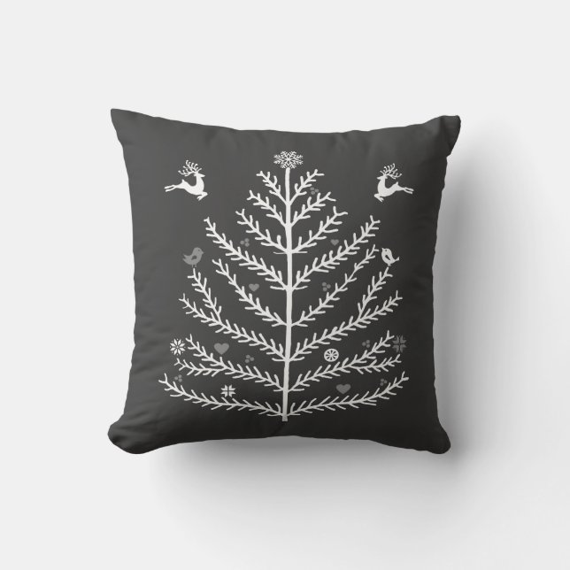 Festive Nordic Christmas Tree Deer Grey White Cushion (Front)