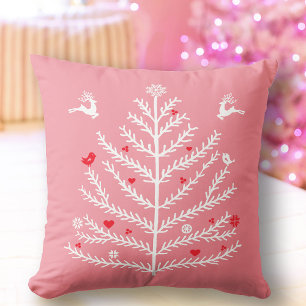 Festive Nordic Christmas Tree Deer Pink Cushion