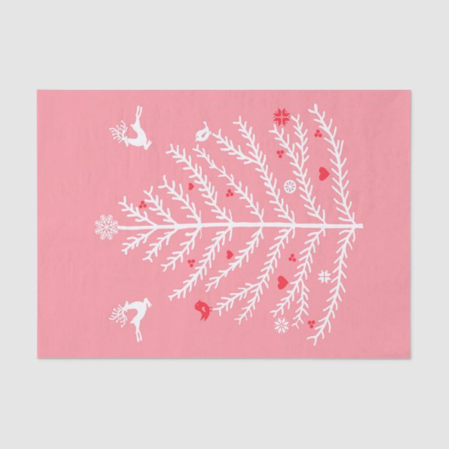 Festive Nordic Christmas Tree Deer Pink  Tissue Paper (Front)