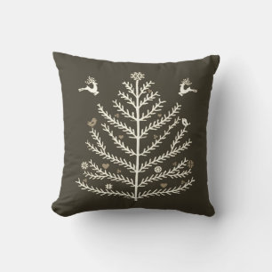 Festive Nordic Christmas Tree Deer Taupe Beige Cushion
